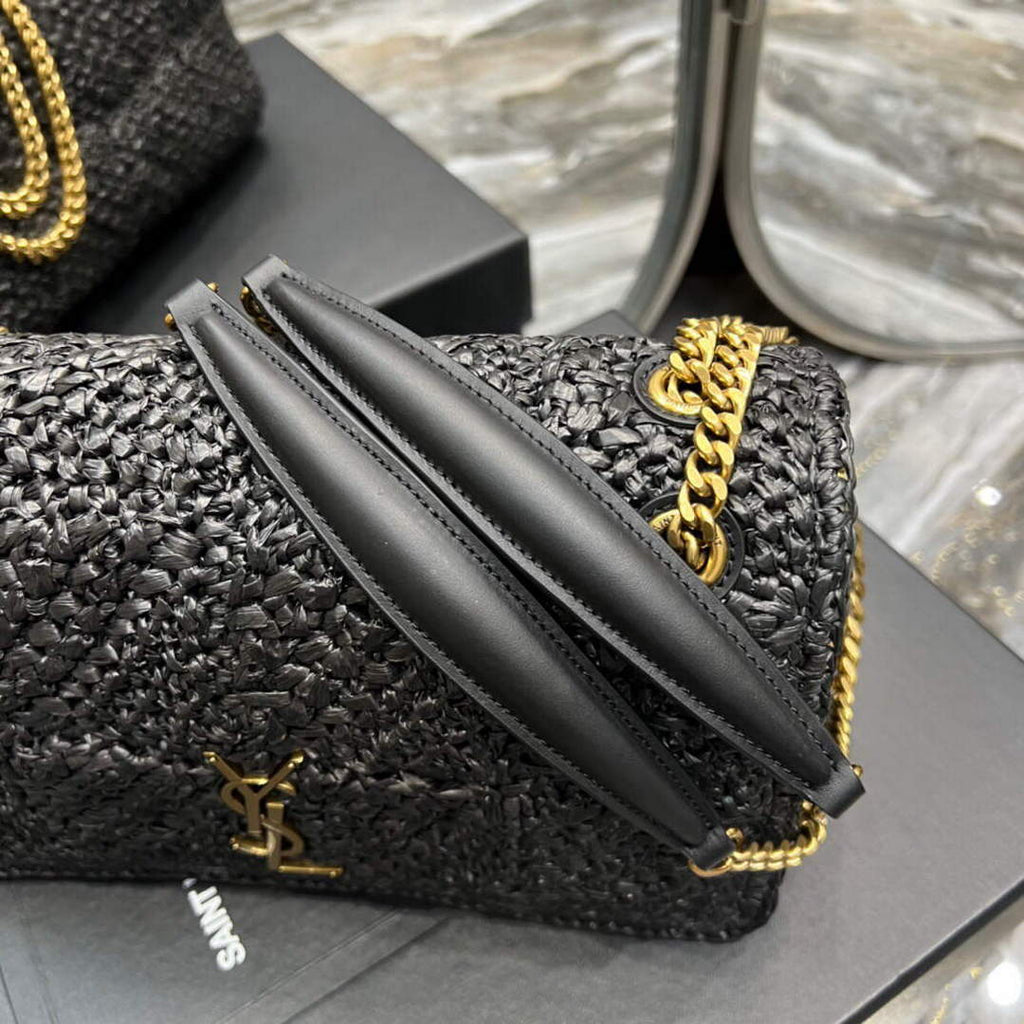 YSL 515821 Jamie Leather-Trimmed Raffia Shoulder Bag Black