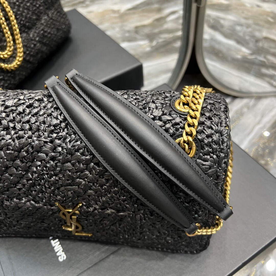 YSL 515821 Jamie Leather-Trimmed Raffia Shoulder Bag Black