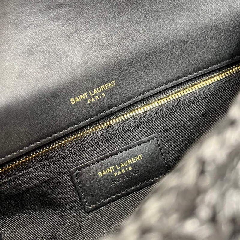 YSL 515821 Jamie Leather-Trimmed Raffia Shoulder Bag Black