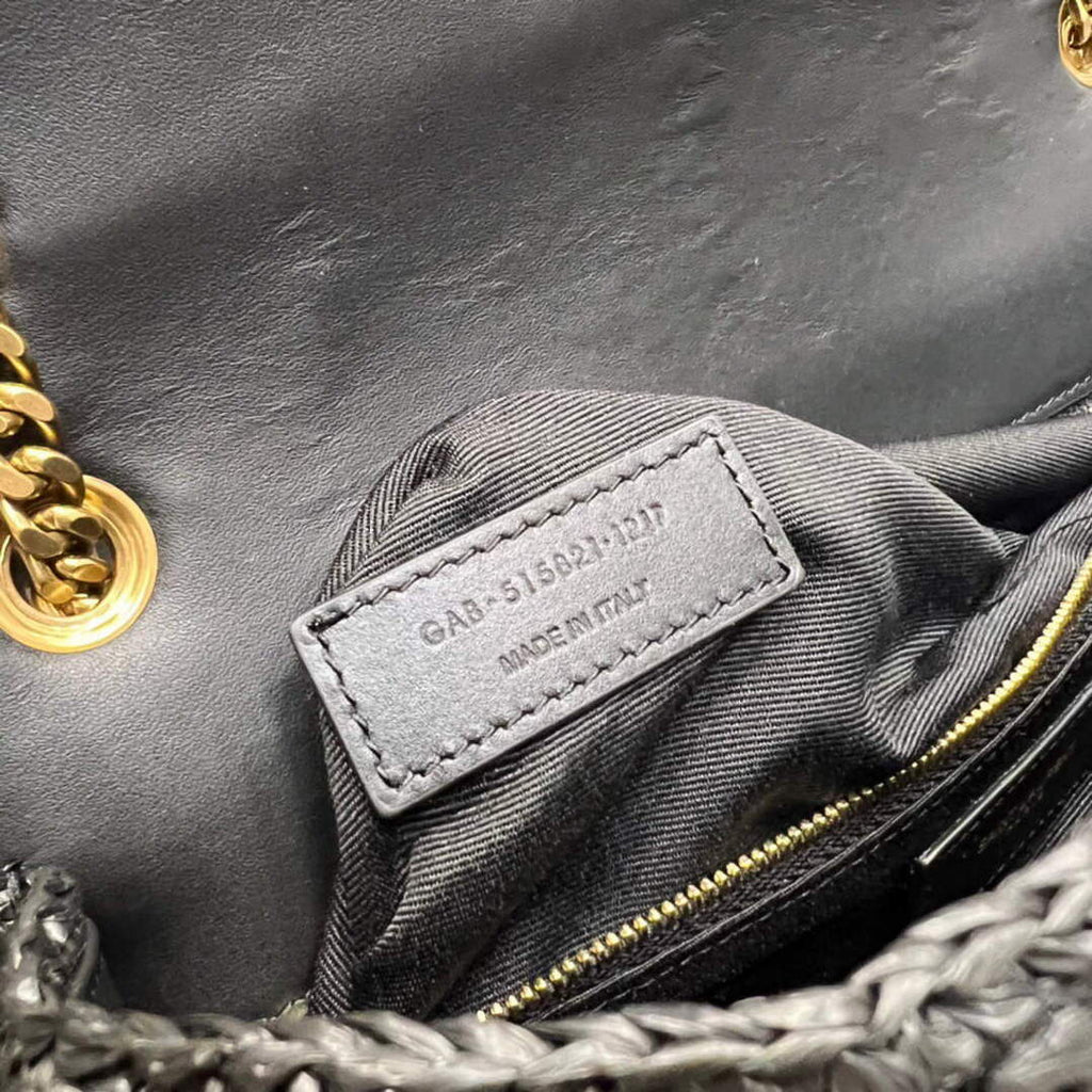 YSL 515821 Jamie Leather-Trimmed Raffia Shoulder Bag Black