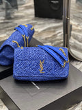 YSL 515821 Jamie Leather-Trimmed Raffia Shoulder Bag Blue