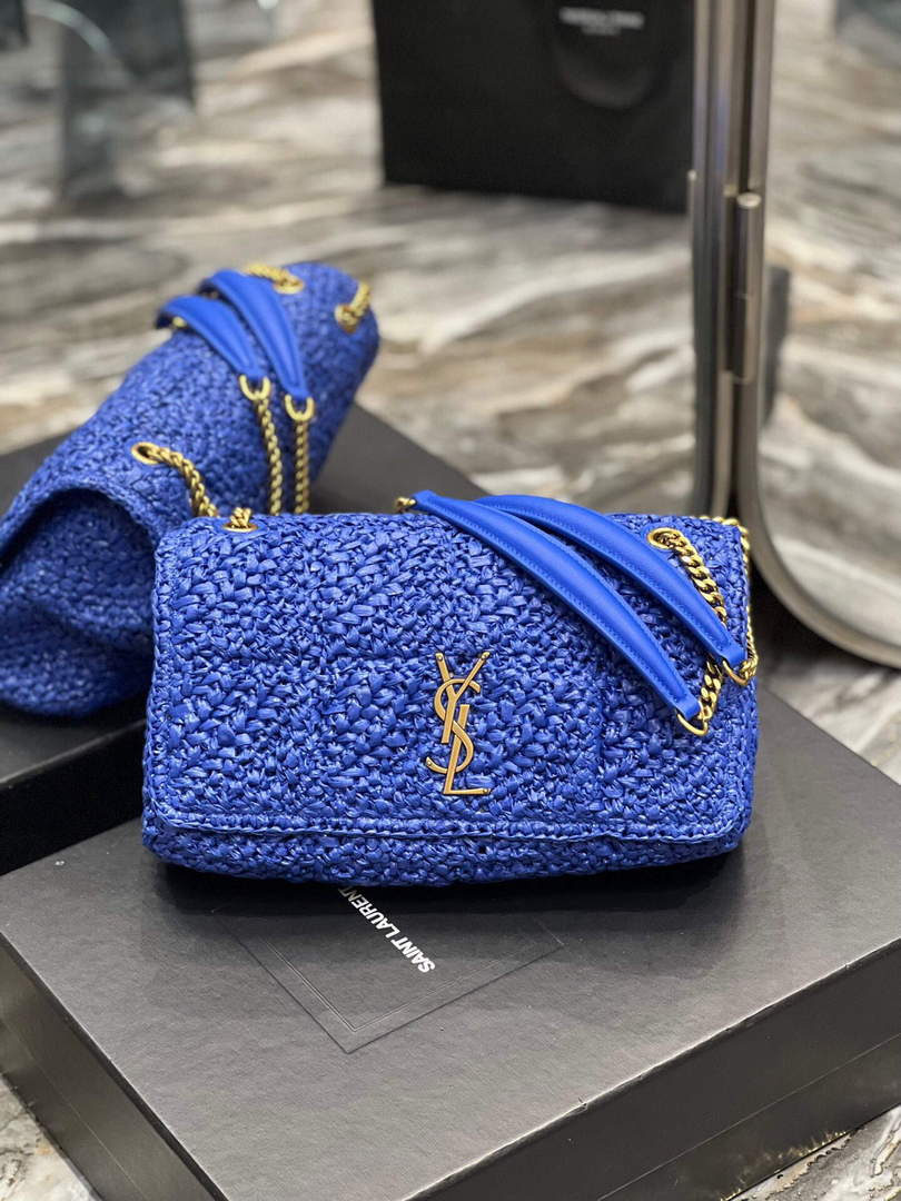 YSL 515821 Jamie Leather-Trimmed Raffia Shoulder Bag Blue - Default Title - View 1