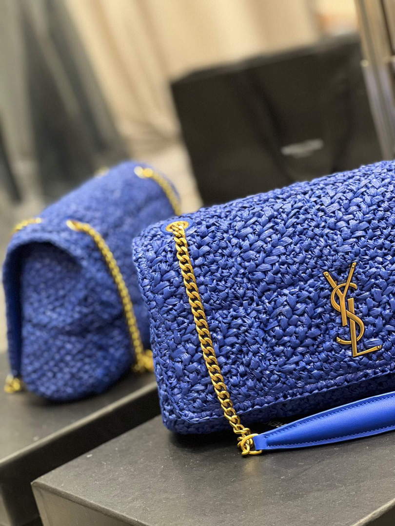 YSL 515821 Jamie Leather-Trimmed Raffia Shoulder Bag Blue