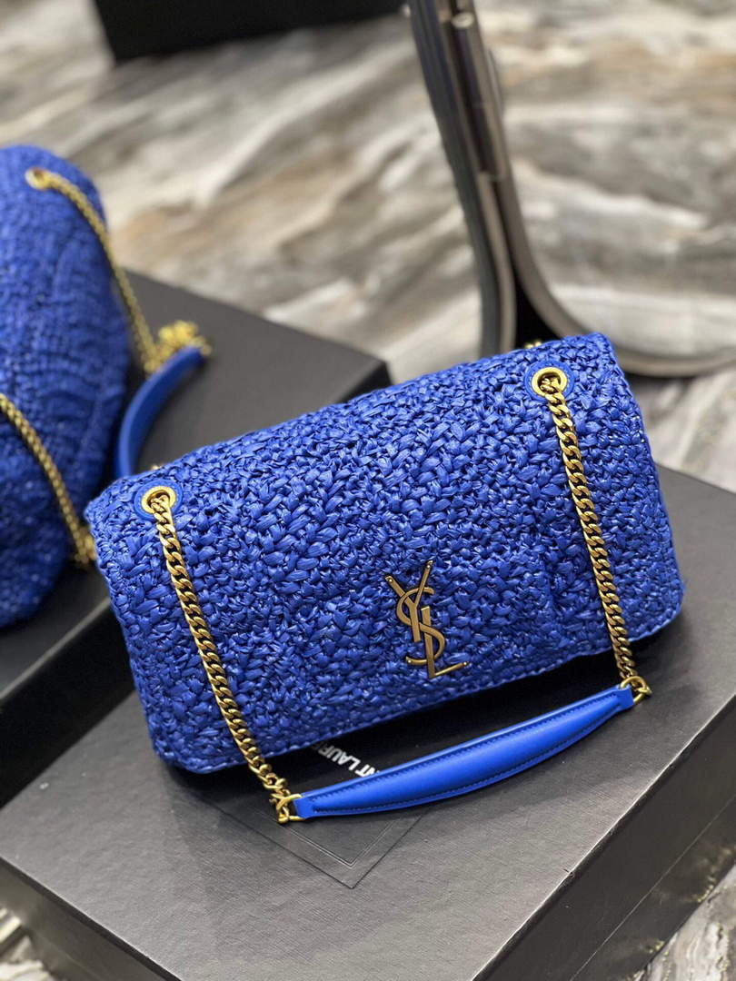 YSL 515821 Jamie Leather-Trimmed Raffia Shoulder Bag Blue - Default Title - View 4