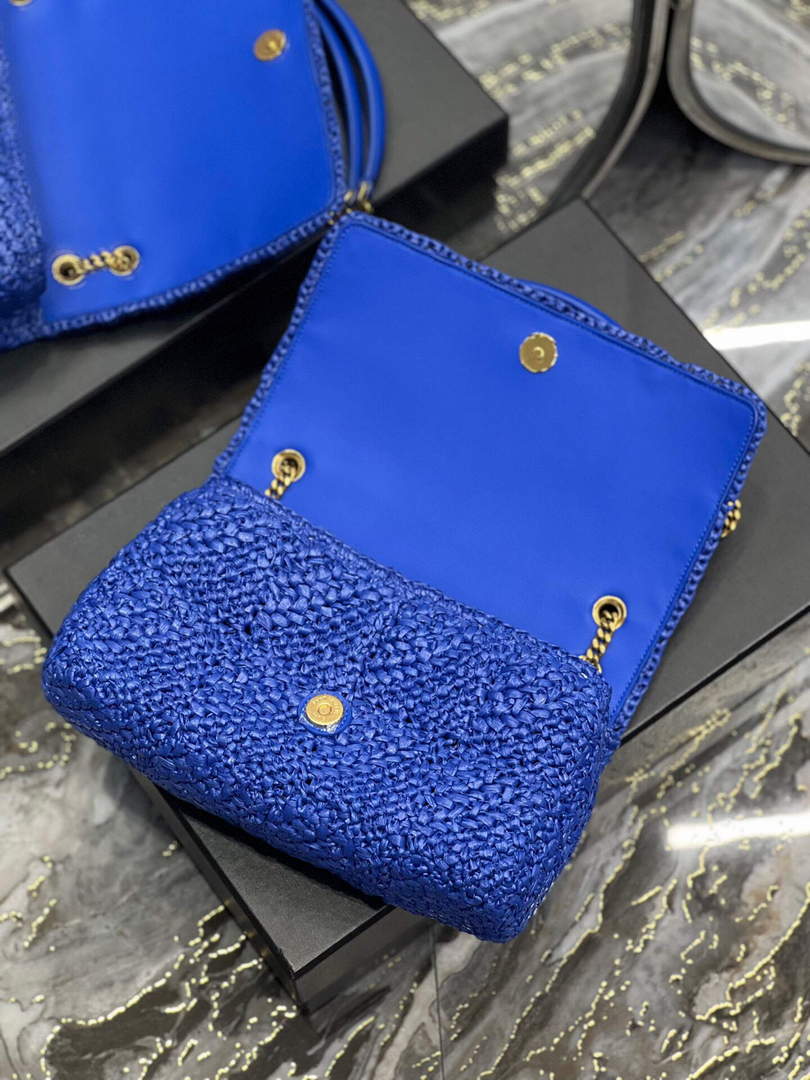 YSL 515821 Jamie Leather-Trimmed Raffia Shoulder Bag Blue