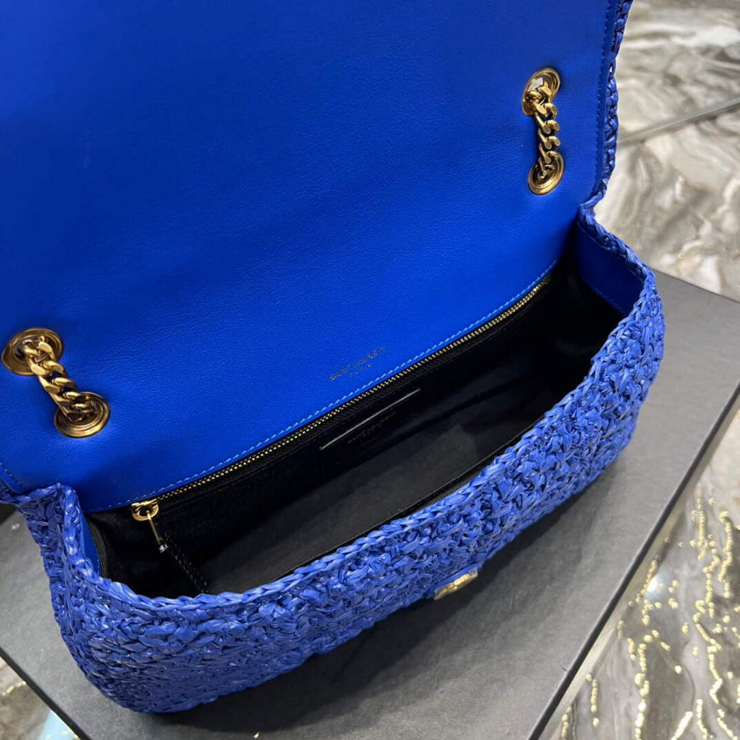 YSL 515821 Jamie Leather-Trimmed Raffia Shoulder Bag Blue - Default Title - View 9