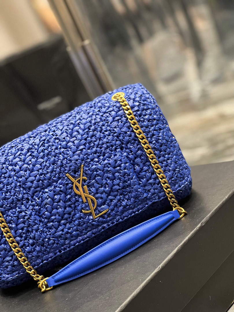 YSL 515821 Jamie Leather-Trimmed Raffia Shoulder Bag Blue - Default Title - View 10
