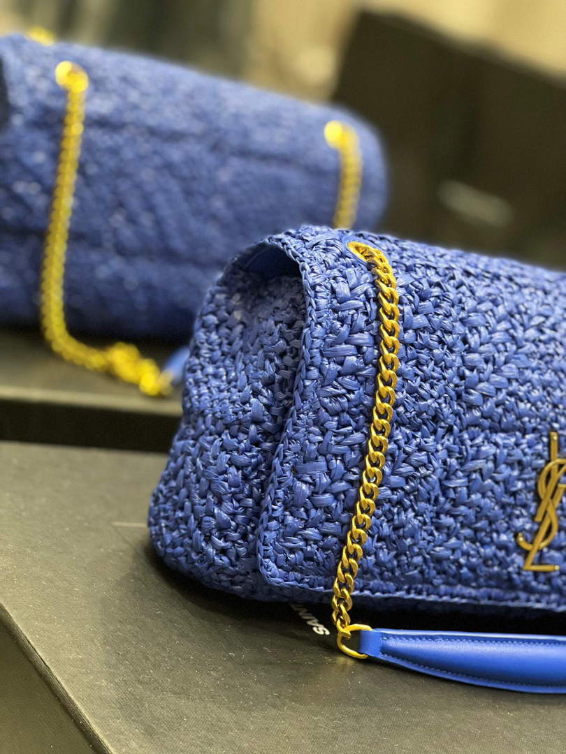 YSL 515821 Jamie Leather-Trimmed Raffia Shoulder Bag Blue