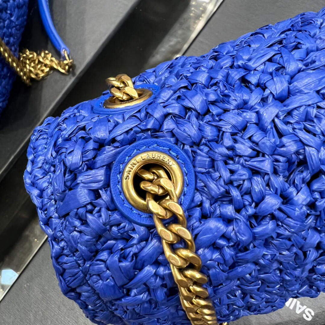 YSL 515821 Jamie Leather-Trimmed Raffia Shoulder Bag Blue