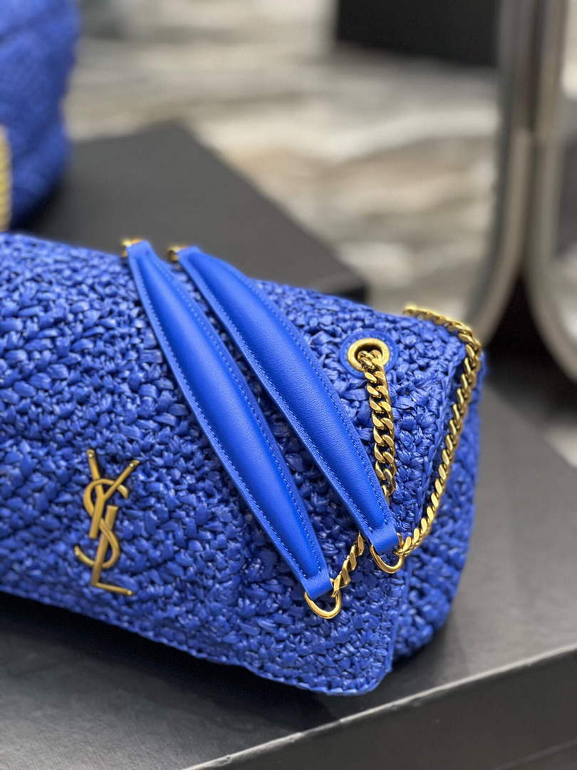 YSL 515821 Jamie Leather-Trimmed Raffia Shoulder Bag Blue