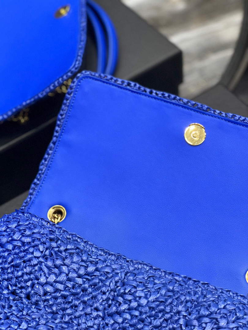 YSL 515821 Jamie Leather-Trimmed Raffia Shoulder Bag Blue