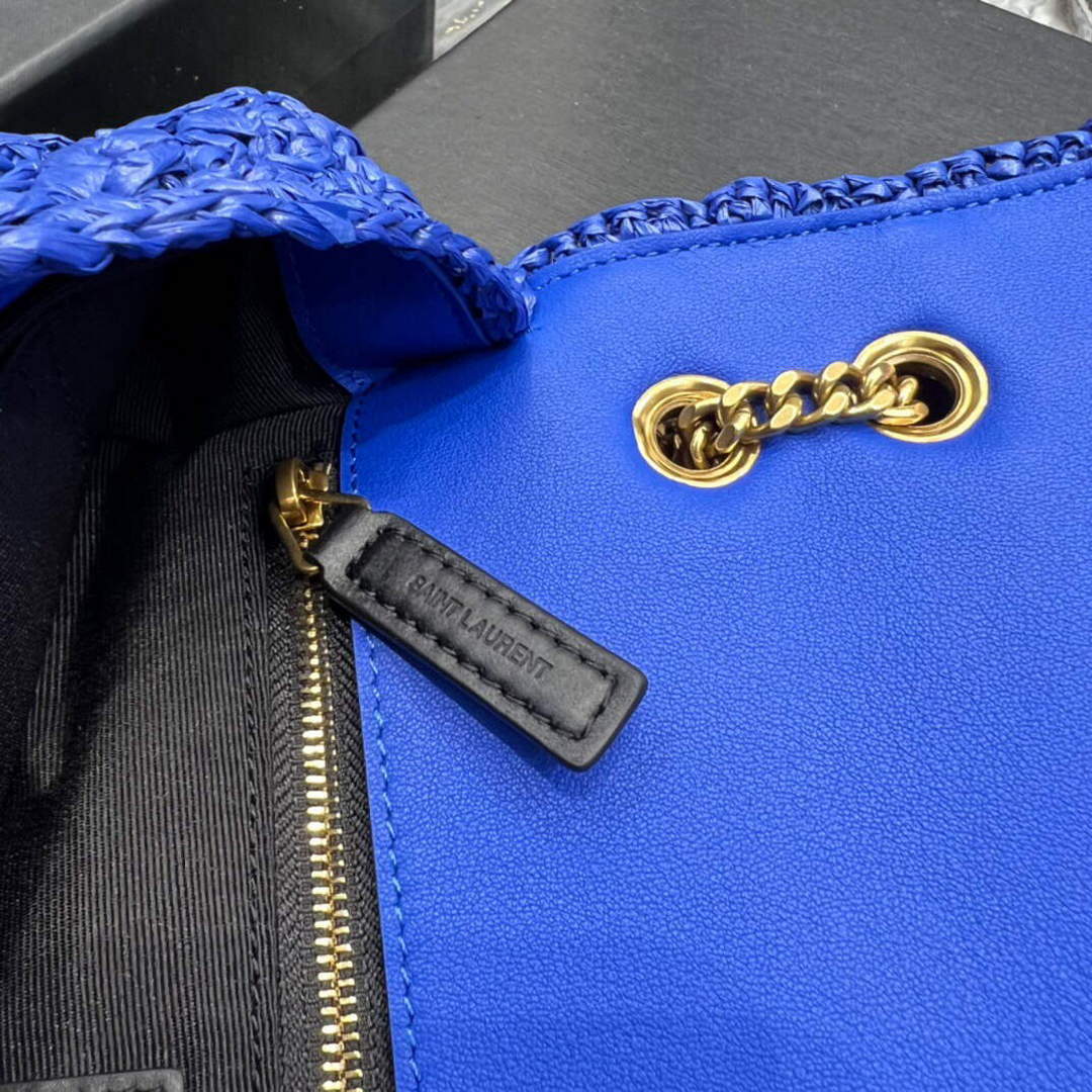 YSL 515821 Jamie Leather-Trimmed Raffia Shoulder Bag Blue