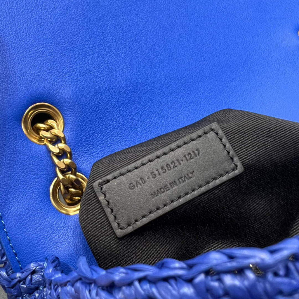 YSL 515821 Jamie Leather-Trimmed Raffia Shoulder Bag Blue