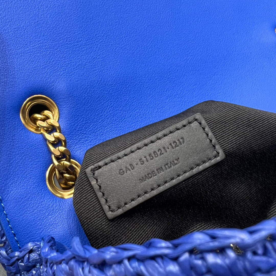 YSL 515821 Jamie Leather-Trimmed Raffia Shoulder Bag Blue