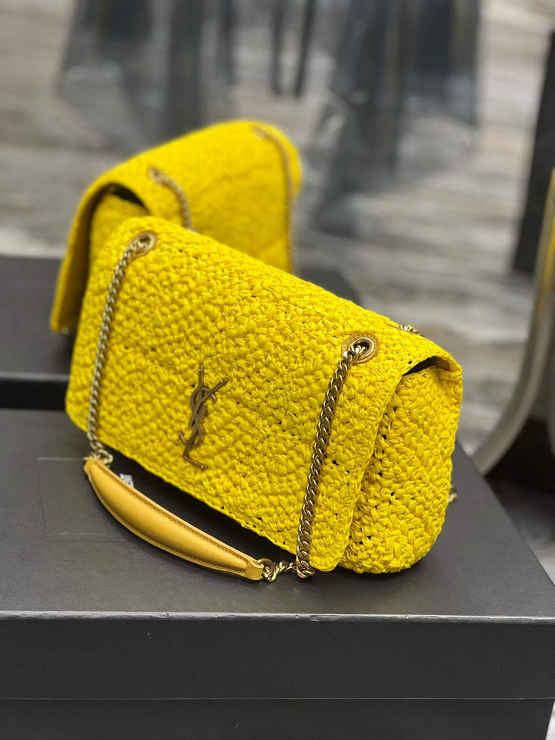 YSL 515821 Jamie Leather-Trimmed Raffia Shoulder Bag Yellow
