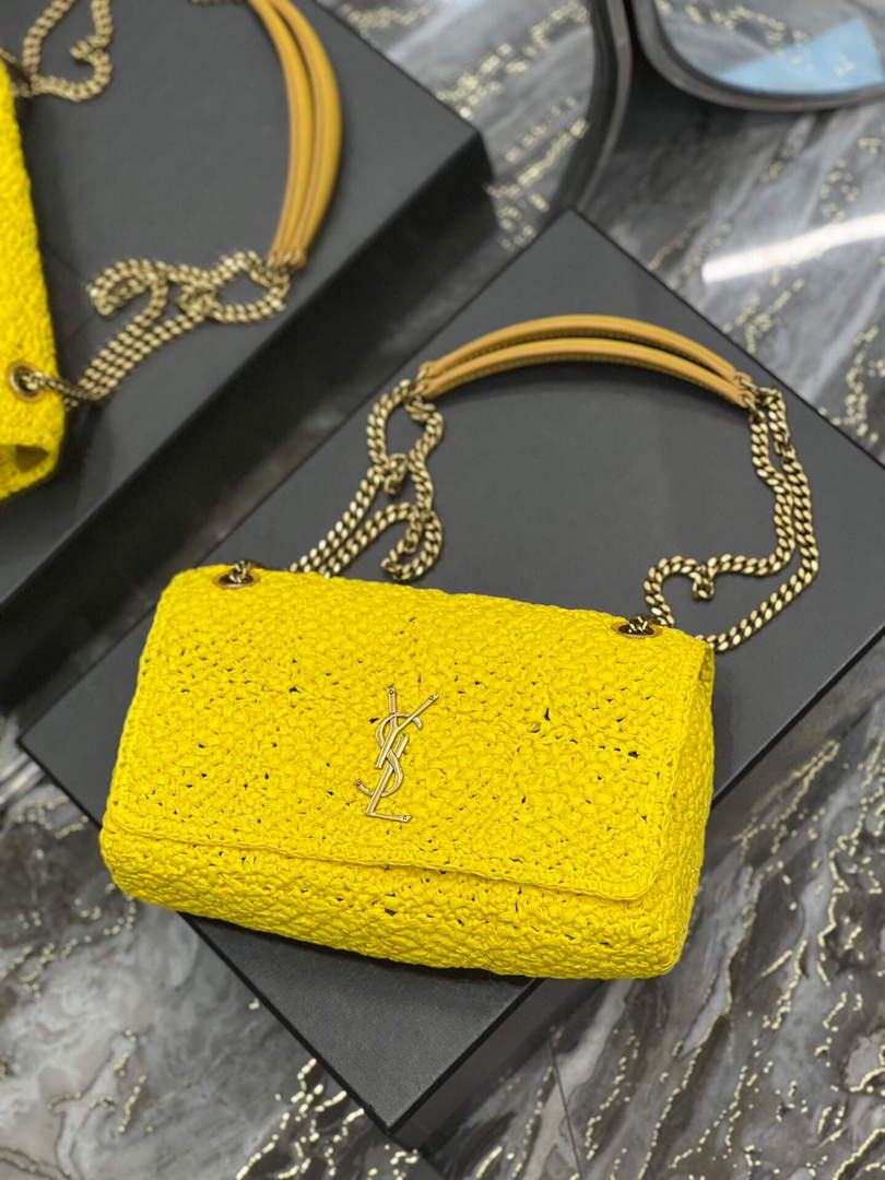 YSL 515821 Jamie Leather-Trimmed Raffia Shoulder Bag Yellow