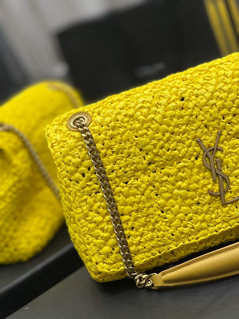 YSL 515821 Jamie Leather-Trimmed Raffia Shoulder Bag Yellow