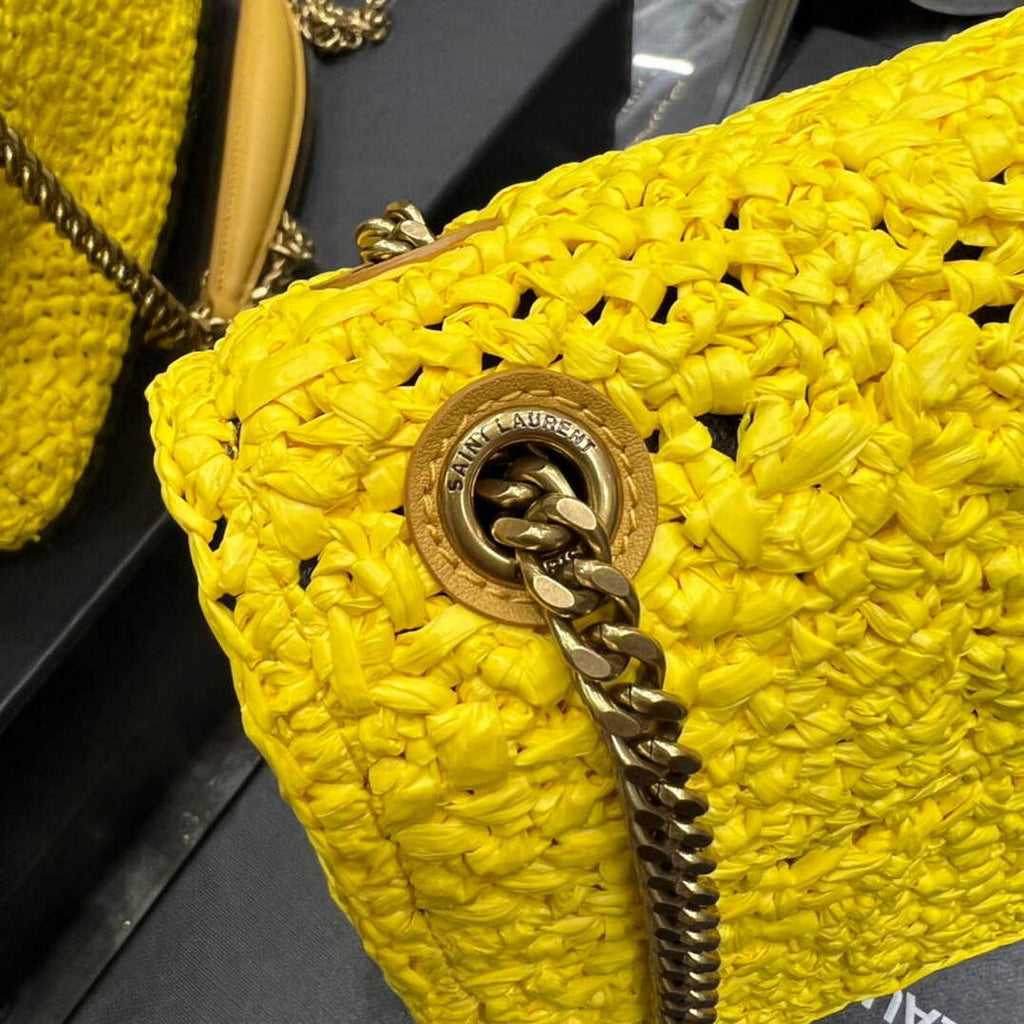 YSL 515821 Jamie Leather-Trimmed Raffia Shoulder Bag Yellow
