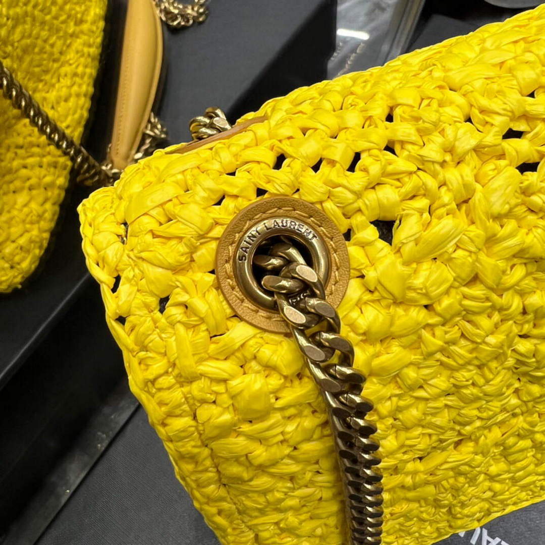 YSL 515821 Jamie Leather-Trimmed Raffia Shoulder Bag Yellow