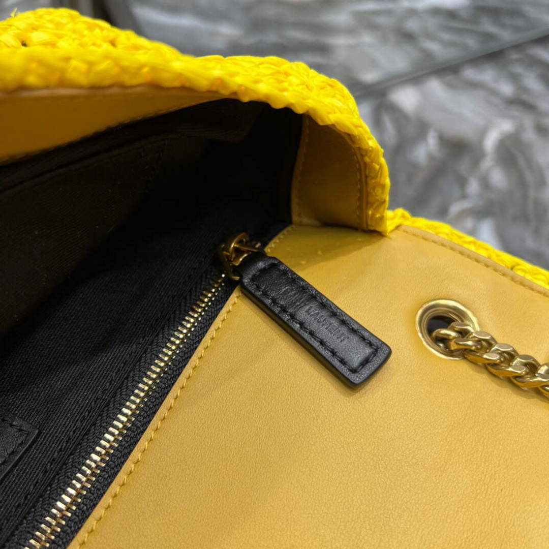 YSL 515821 Jamie Leather-Trimmed Raffia Shoulder Bag Yellow