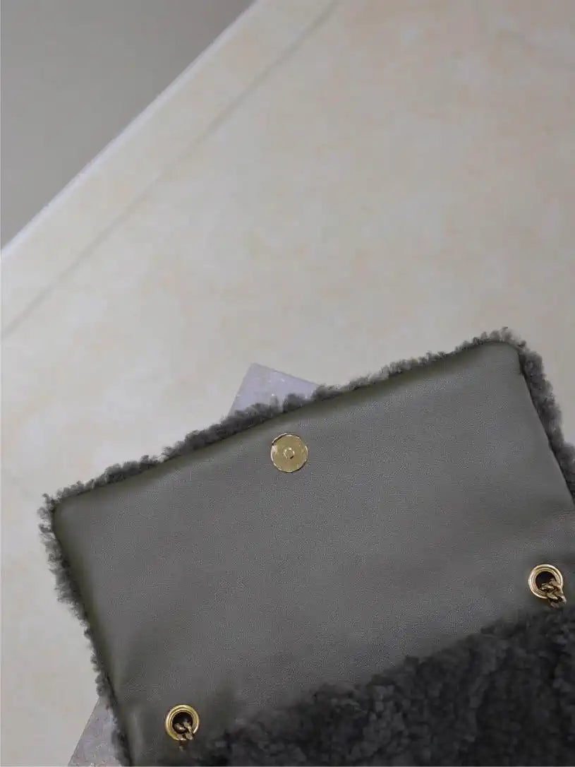 YSL 515821 Saint Laurent Shearling Medium Jamie Bag Dark Green