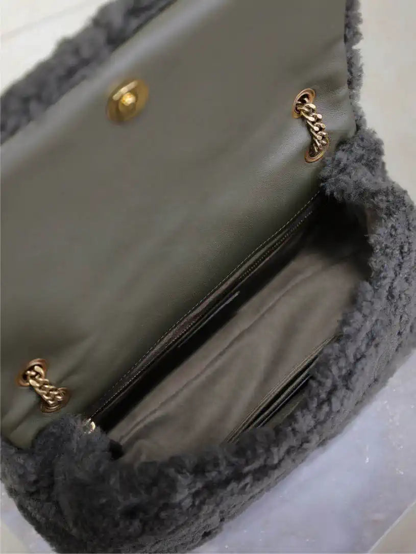 YSL 515821 Saint Laurent Shearling Medium Jamie Bag Dark Green