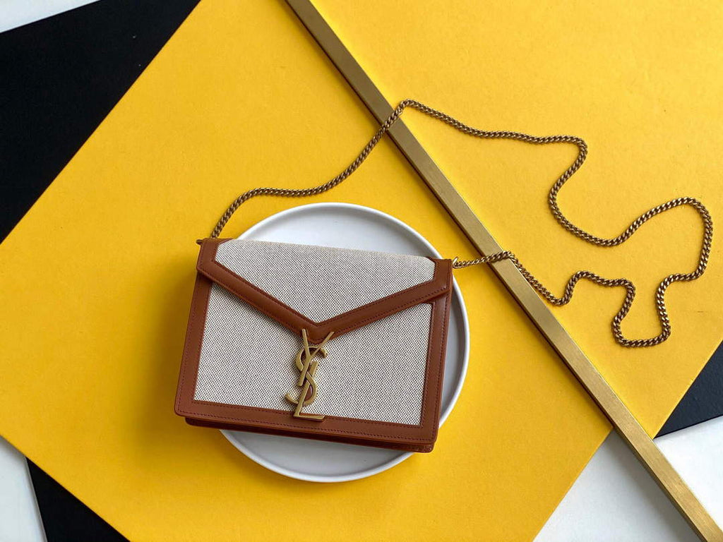 YSL 532750 Yves Saint Laurent Cassandra Monogram Clasp Bag In Micro Raffia And Box Leather Brown