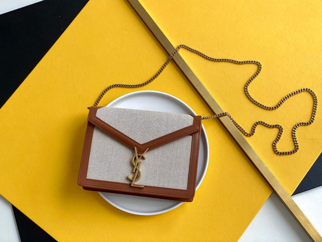 YSL 532750 Yves Saint Laurent Cassandra Monogram Clasp Bag In Micro Raffia And Box Leather Brown