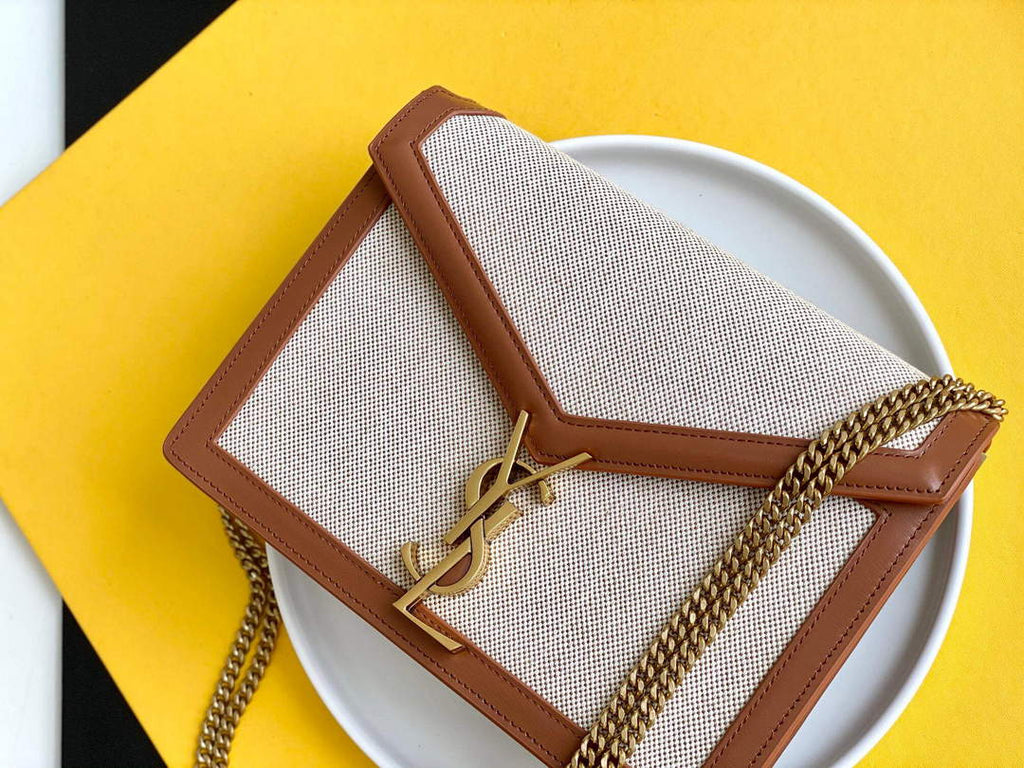 YSL 532750 Yves Saint Laurent Cassandra Monogram Clasp Bag In Micro Raffia And Box Leather Brown