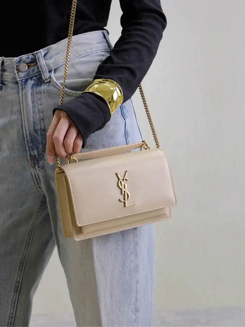 YSL 533026 Sunset chain wallet in smooth leather Apricot