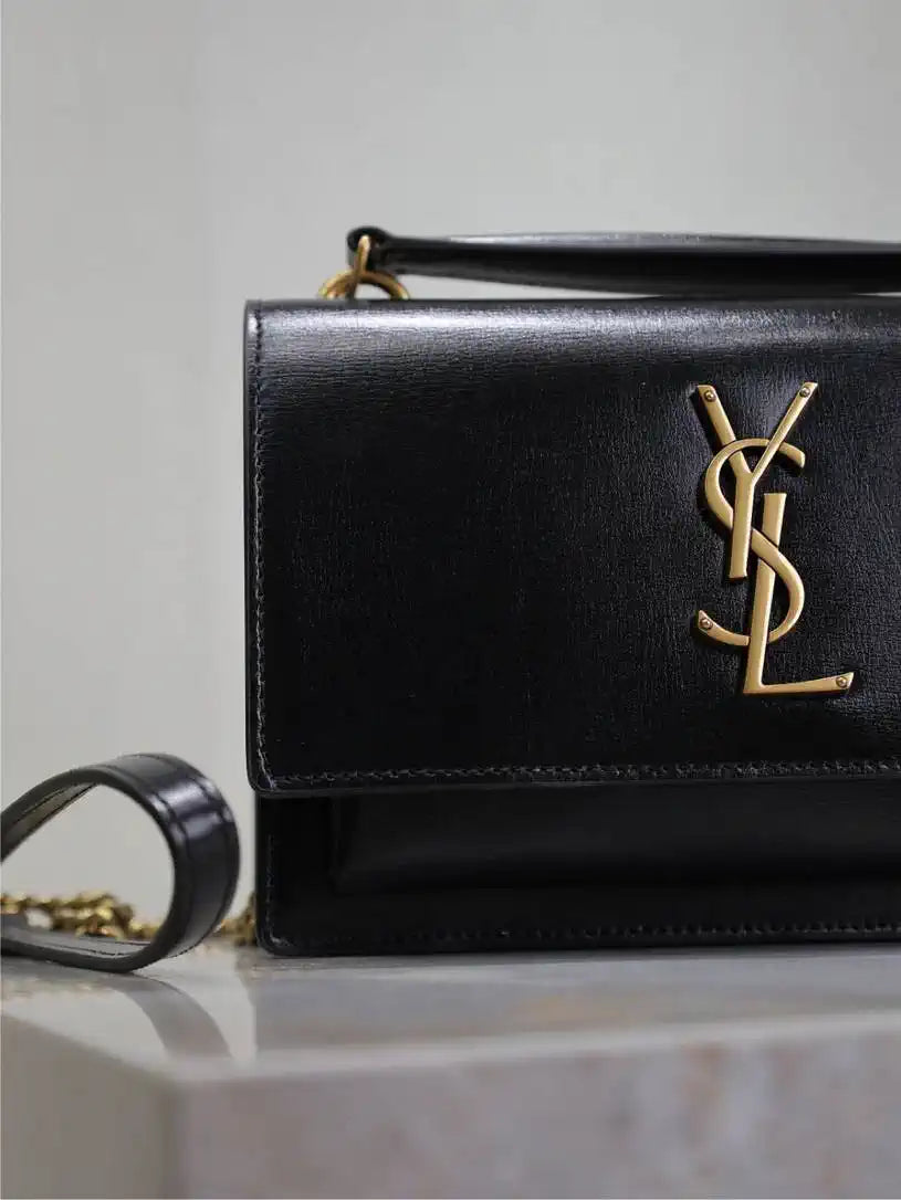 YSL 533026 Sunset chain wallet in smooth leather Black