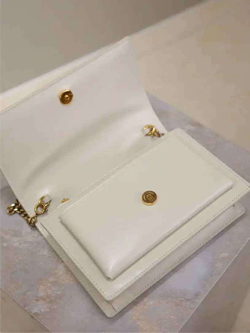 YSL 533026 Sunset chain wallet in smooth leather White