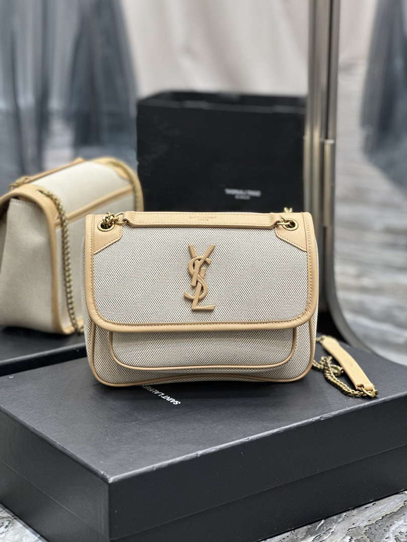 YSL 533037 Yves Saint Laurent Niki Baby In Crinkled Vintage Canvas Bag Beige - Default Title - View 1