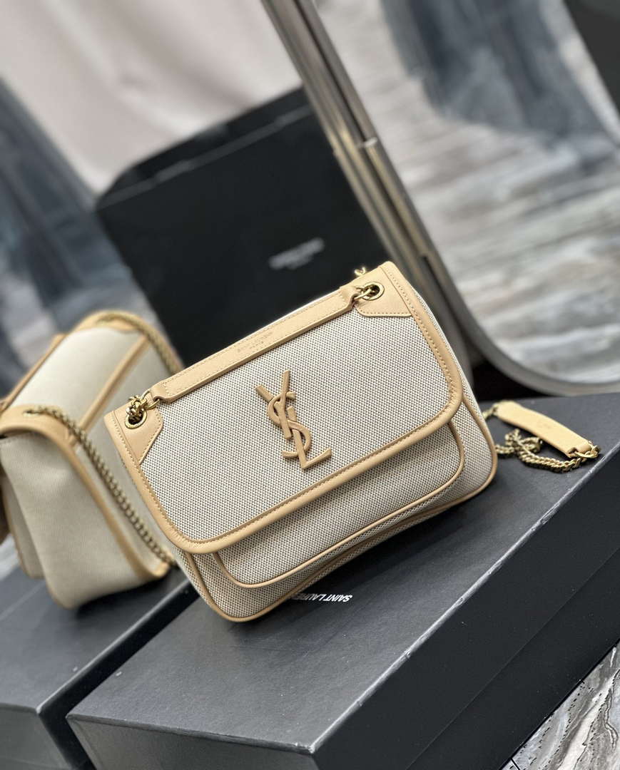 YSL 533037 Yves Saint Laurent Niki Baby In Crinkled Vintage Canvas Bag Beige