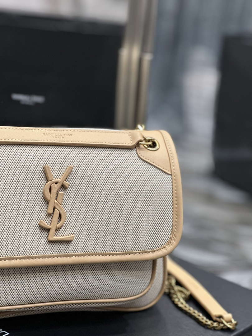 YSL 533037 Yves Saint Laurent Niki Baby In Crinkled Vintage Canvas Bag Beige