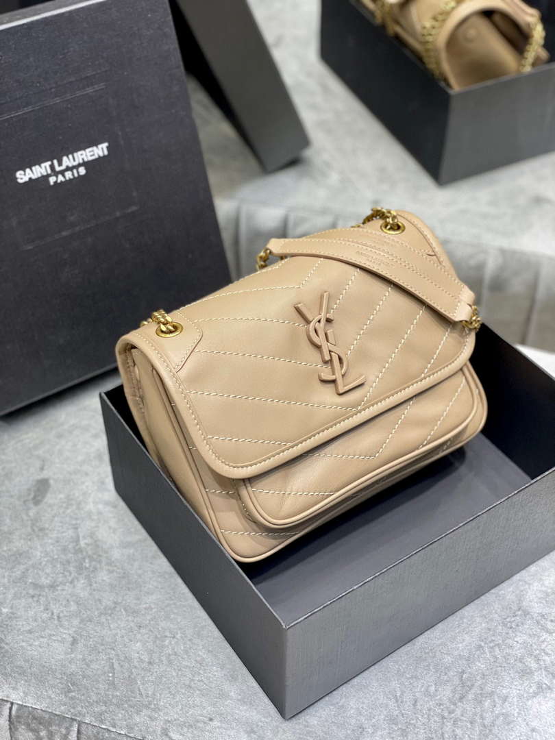 YSL 533037 Yves Saint Laurent Niki Baby In Crinkled Vintage Leather Bag Apricot