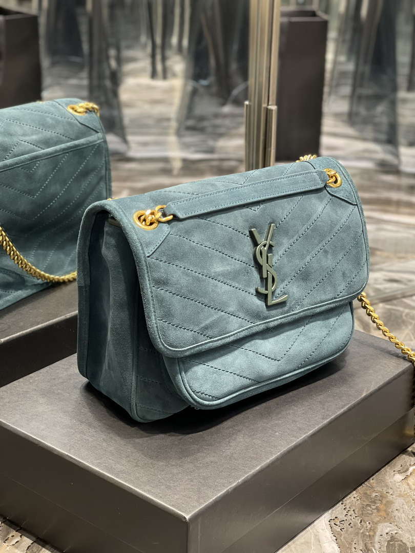 YSL 533037 Yves Saint Laurent Niki Baby In Crinkled Vintage Nubuck Leather Blue