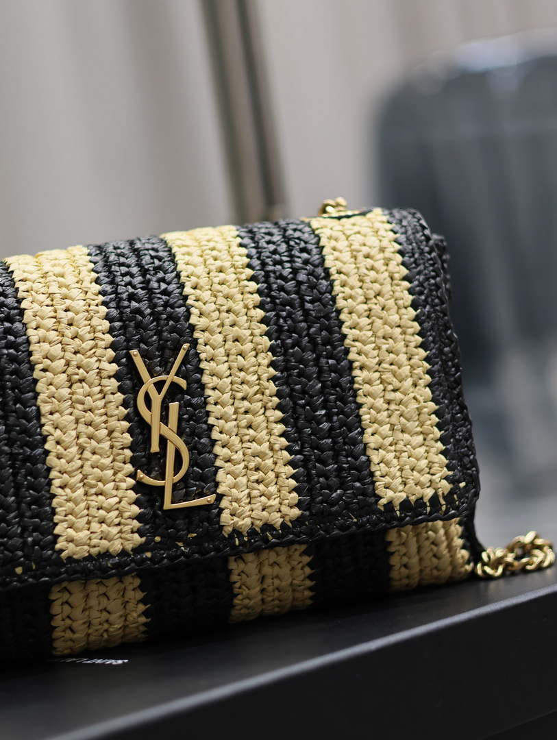 YSL 553804 Saint Laurent  Medium Kate in Apricot Raffia with black Leather