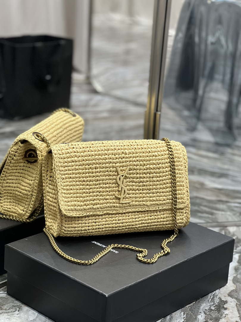YSL 553804 Saint Laurent  Medium Kate in Raffia with Brown Leather
