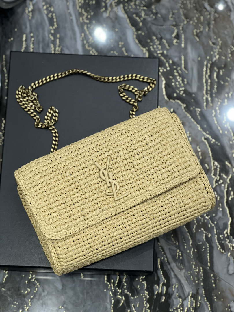YSL 553804 Saint Laurent  Medium Kate in Raffia with Brown Leather