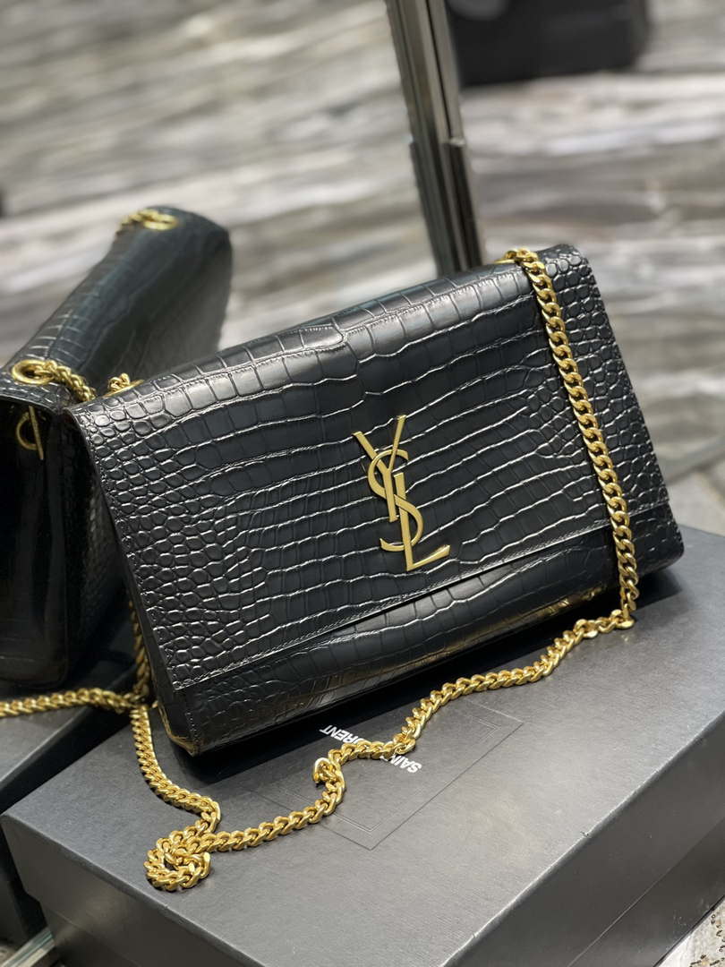 YSL 553804 Saint Laurent Reversible Medium Kate in Crocodile Leather Black