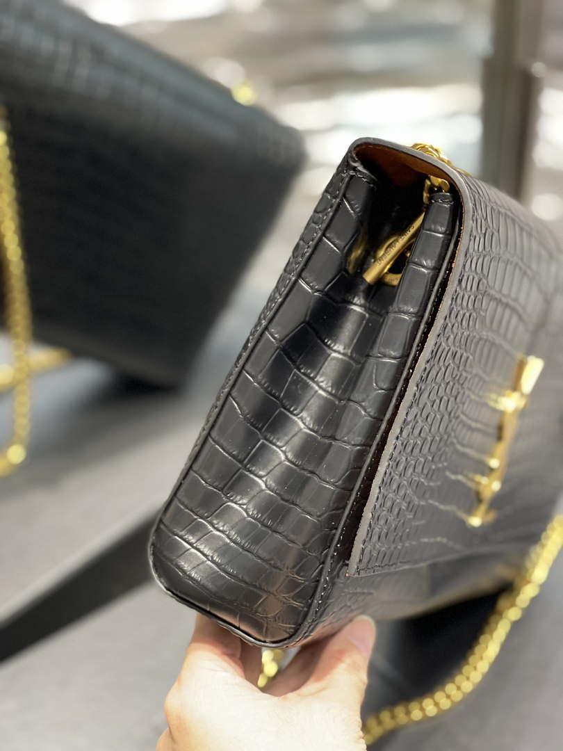 YSL 553804 Saint Laurent Reversible Medium Kate in Crocodile Leather Black