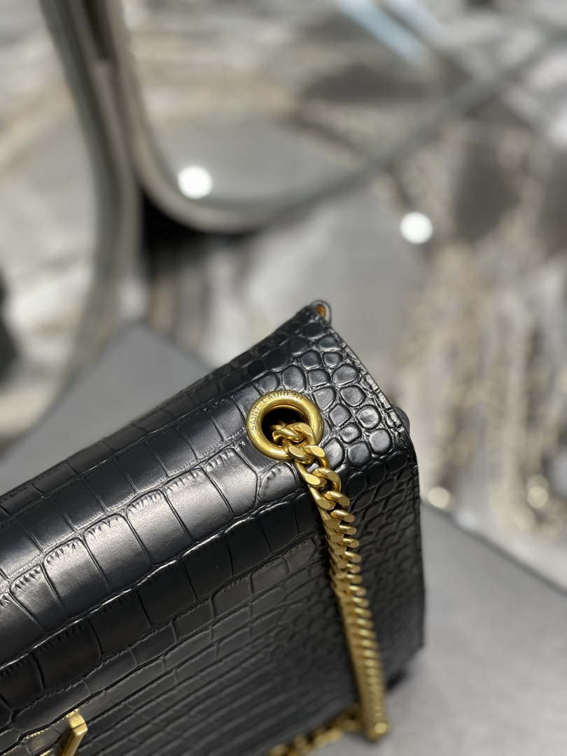 YSL 553804 Saint Laurent Reversible Medium Kate in Crocodile Leather Black