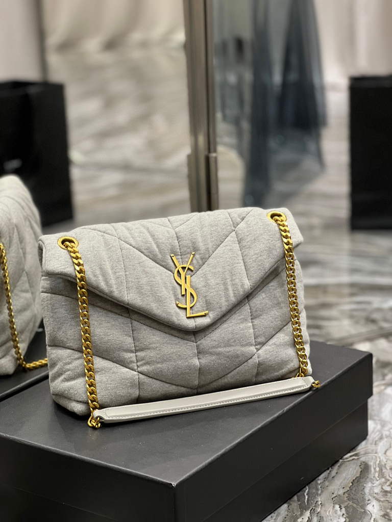YSL 577476 Saint Laurent Puffer Small Bag In Quilted Lambskin Leather Grey