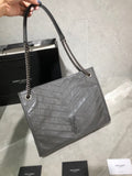 YSL 577999 Saint Laurent YSL Niki Medium Shopping Bag In Crinkled Vintage Leather Gray - luxibagsmall