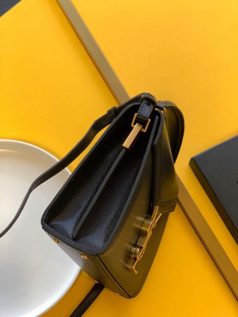 YSL 578000 Cassandra Top Handle Medium Bag In Grain De Poudre Embossed Leather Black
