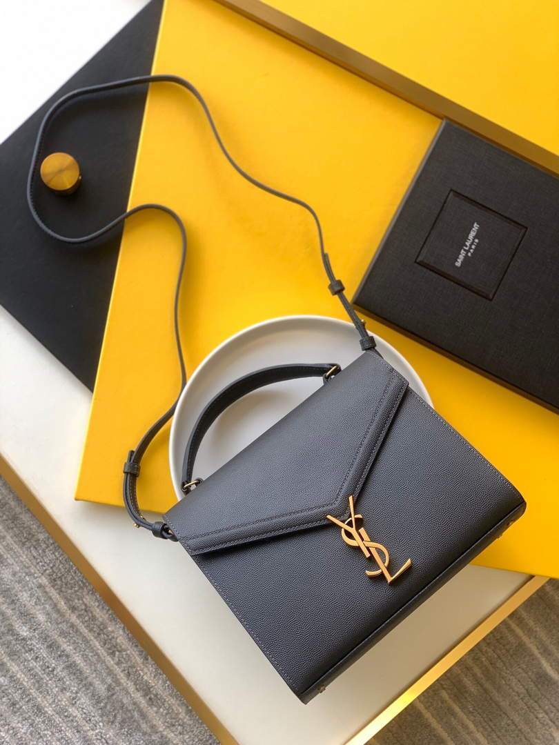 YSL 578000 Cassandra Top Handle Medium Bag In Grain De Poudre Embossed Leather Dark gray