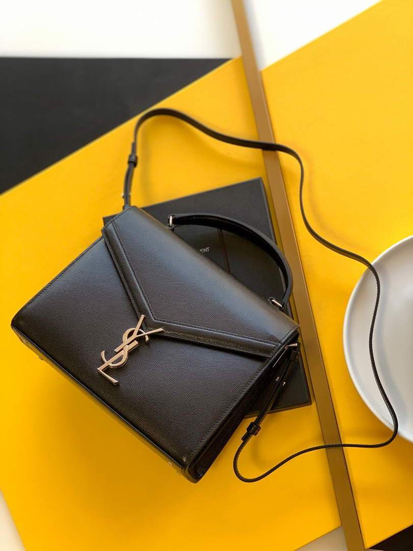 YSL 578000 Cassandra Top Handle Medium Bag In Grain De Poudre Embossed Leather Black Silver buckle