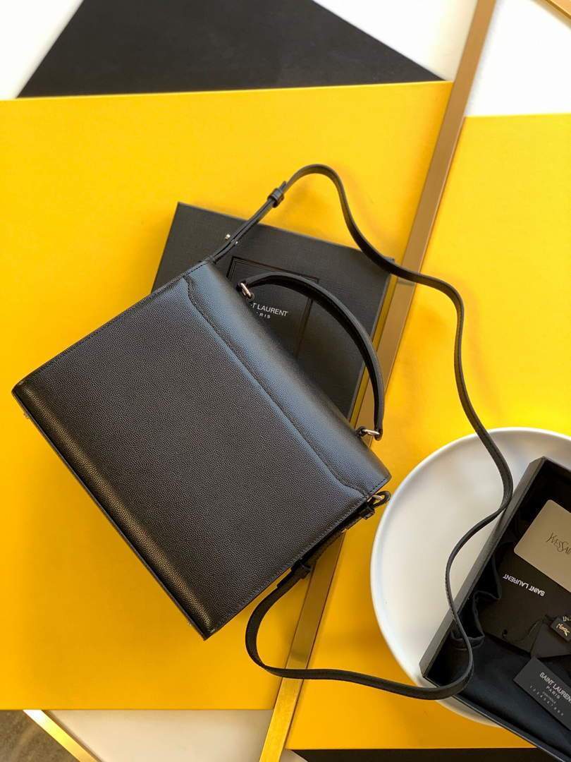 YSL 578000 Cassandra Top Handle Medium Bag In Grain De Poudre Embossed Leather Black Silver buckle