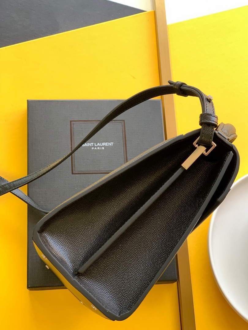 YSL 578000 Cassandra Top Handle Medium Bag In Grain De Poudre Embossed Leather Black Silver buckle